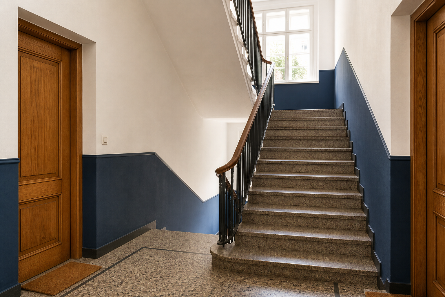 Illustrative Darstellung zum Ratgeberthema Treppenlift im Mehrfamilienhaus: Nutzung und Gemeinschaftsfläche