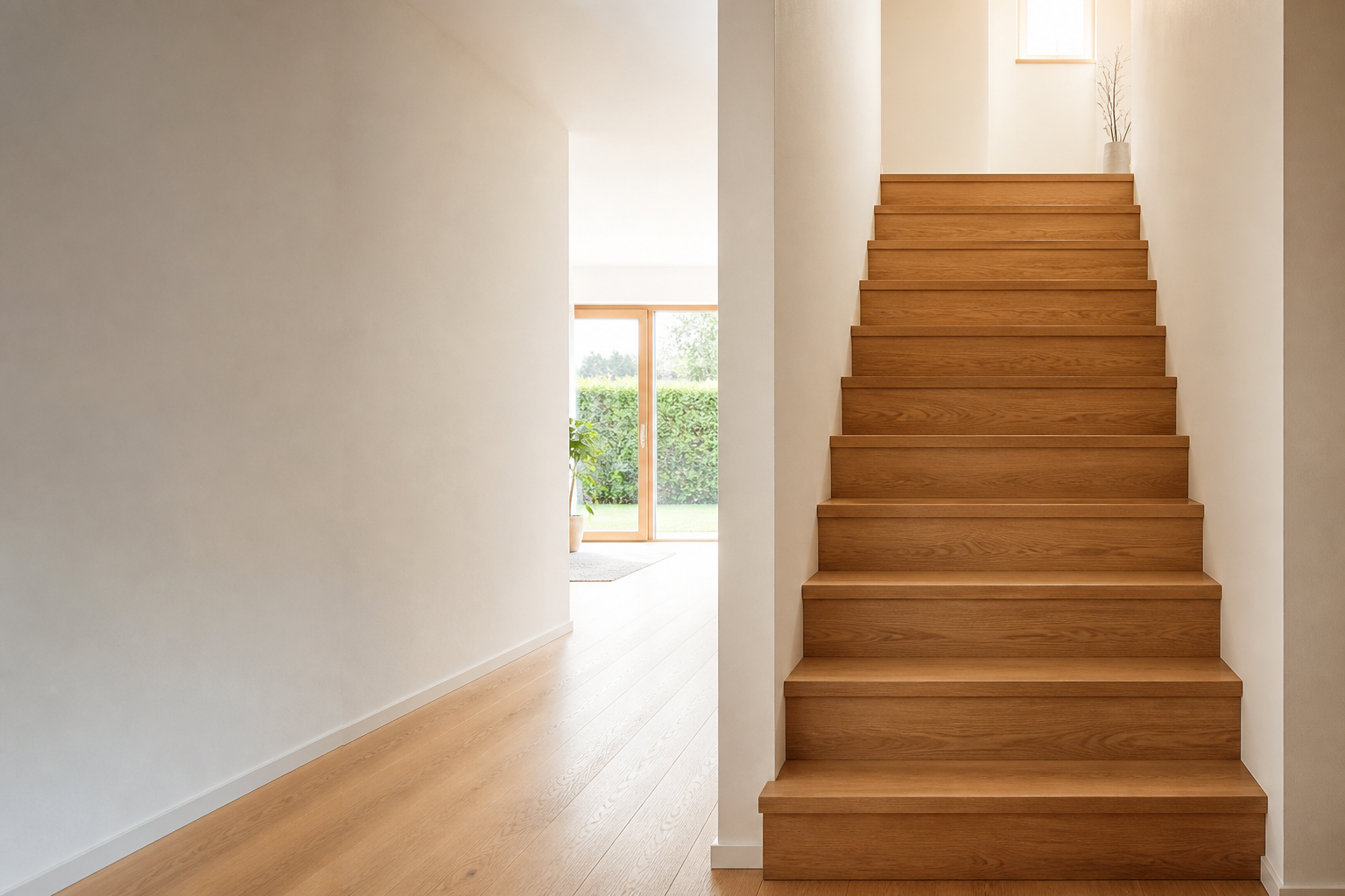 Helle, gerade Holztreppe in einem ruhigen Wohnraum